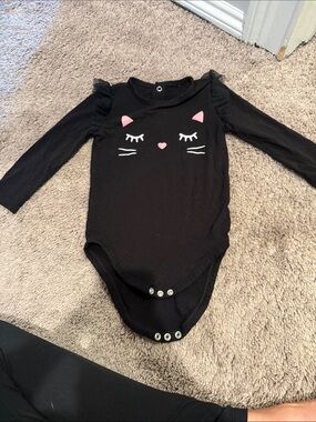 Little Sleepies Black Long-Sleeve Cat Face One-Piece with Pink Accents